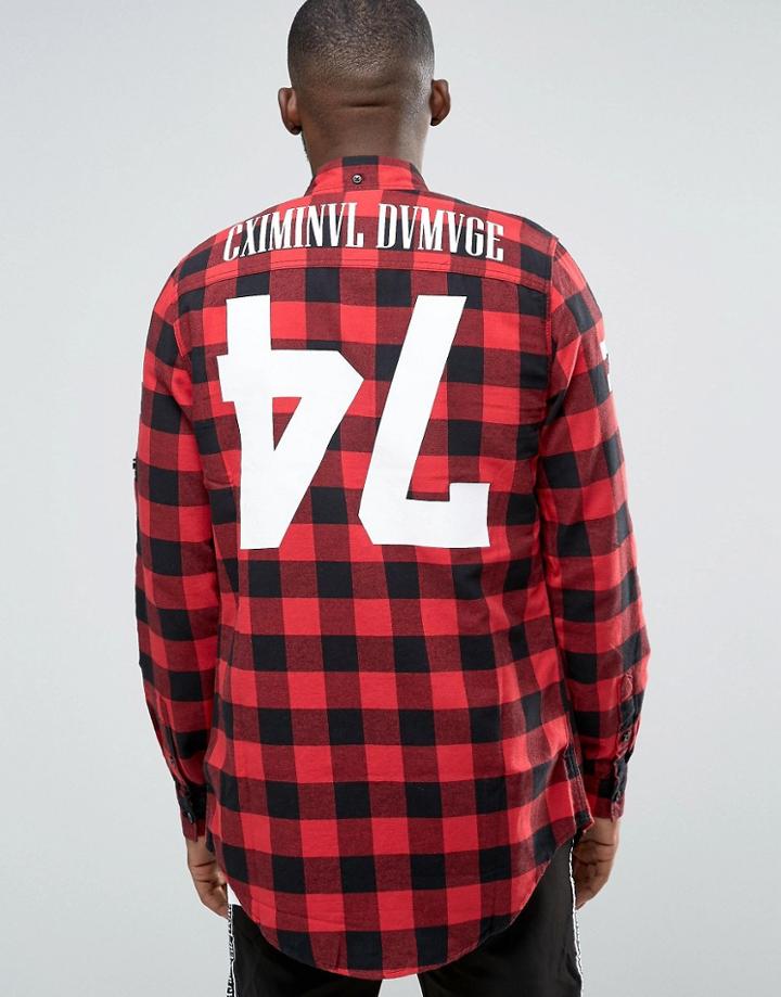 Criminal Damage Longline Check Shirt With Back Print - Red