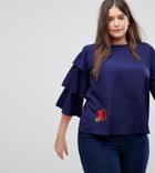 Koko Floral Embroidered Detail Blouse With Flared Sleeves - Navy