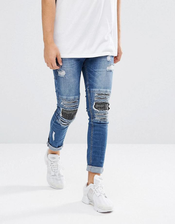 Brooklyns Own Super Skinny Biker Jeans With Distressing And Camo Patch - Blue