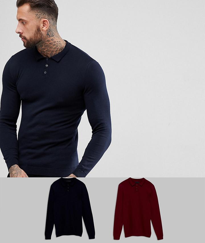 Asos 2 Pack Knitted Muscle Fit Polo In Navy/burgundy Save - Multi