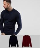 Asos 2 Pack Knitted Muscle Fit Polo In Navy/burgundy Save - Multi
