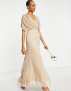Asos Design Bridesmaid Linear Embellished Blouson Maxi Dress With Short Sleeve-neutral