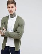 Asos Cable Knit Cardigan With Rib Detail In Khaki - Green