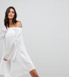 Akasa Crochet Trim Fluted Sleeve Off Beach Dress - Cream