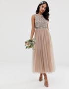 Maya Bridesmaid Sleeveless Midaxi Tulle Dress With Tonal Delicate Sequin Overlay In Taupe Blush - Brown