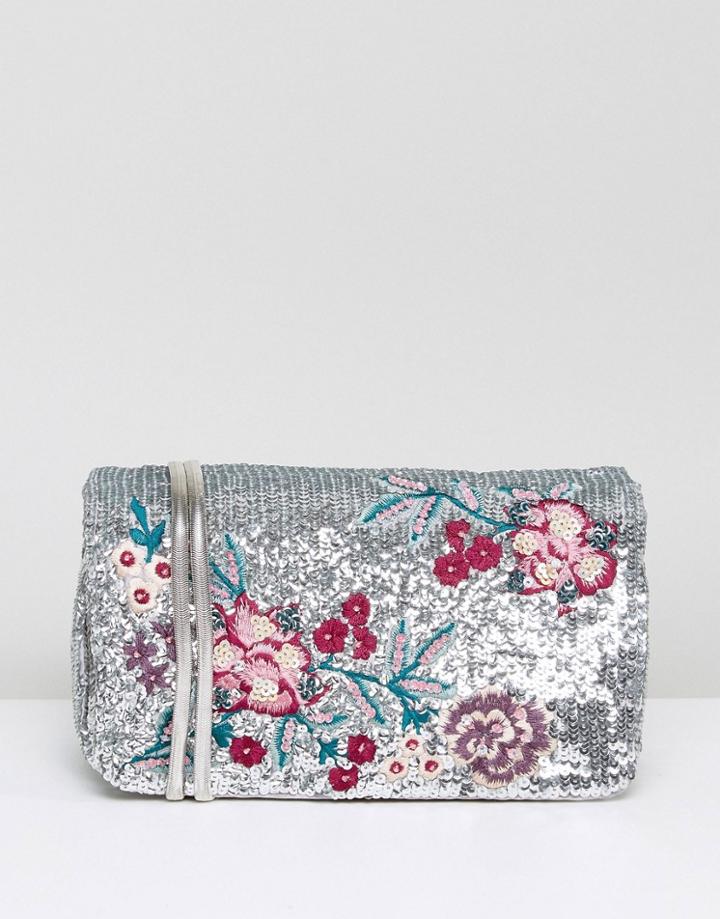 New Look Sequin Embroidery Chain Shoulder Bag - Silver