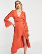 Asos Design Bias Cut Satin Wrap Dress With Tie Waist In Rust-orange