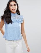 Qed London High Neck Lace Top - Blue