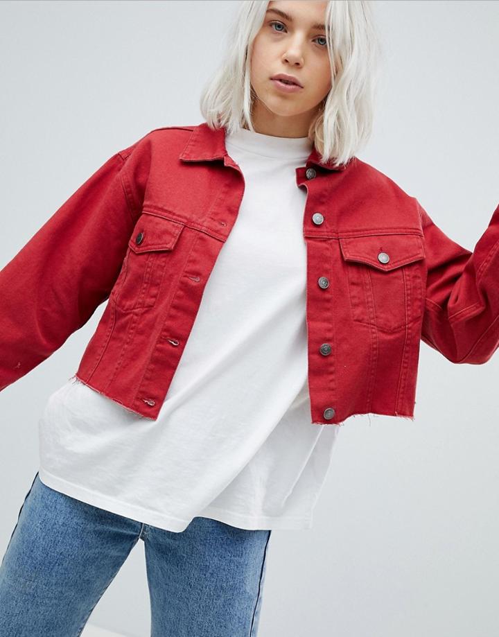 Pull & Bear Frayed Edge Cropped Denim Jacket - Red