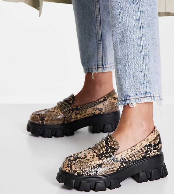 Glamorous Wide Fit Chunky Loafer Shoes In Natural Snake Print-multi