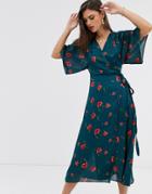 Liquorish Wrap Front Midi Dress With Tie Belt And Flutter Sleeves In Teal Floral-blue