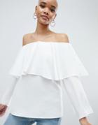 Asos Design Tiered Top With Off Shoulder Detail In Ivory - White