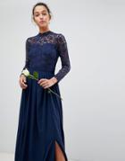 Club L High Neck Crochet Lace Maxi Dress With Long Sleeves - Navy