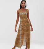 Asos Design Tall Tie Back Linen Maxi Dress In Leopard Print - Multi