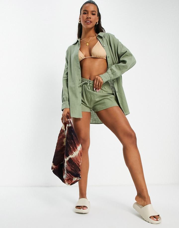 Asos Design Textured Beach Short In Khaki - Part Of A Set-green