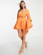 Asos Design Exaggerated Sleeve Beach Cover Up In Orange