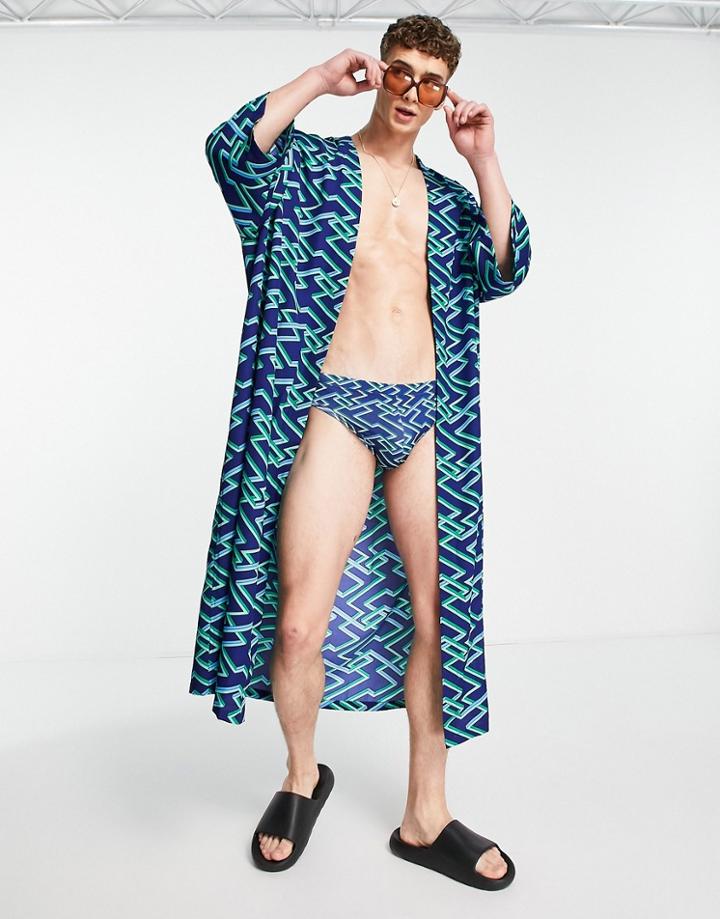 Asos Design Longline Kimono In Geo Print - Part Of A Set-navy