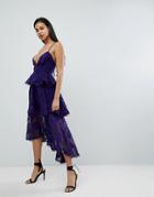 Dark Pink Tierred Ruffle High Low Midi Dress In Burnout Floral - Purple