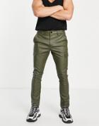 Asos Design Skinny Cargo Pants In Faux Leather In Khaki-green