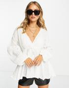 Asos Design Textured Long Sleeve Blouse With Tie Front And Tassle Detail In White