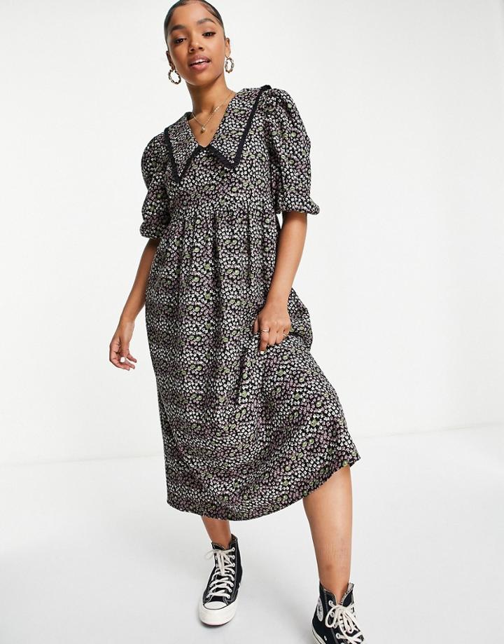 Glamorous Midi Smock Dress With Puff Sleeves In Floral Mini Cord And Retro Collar-black