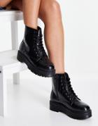 Qupid Chunky Lace Up Ankle Boots In Black Croc