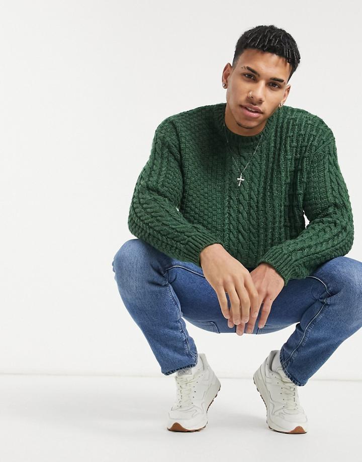 Asos Design Oversized Mixed Cable Knit Sweater In Forest Green