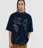 Noak Oversized T-shirt In Navy Towelling With Embroidered Artwork - Navy