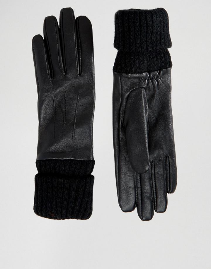 Pieces Leather Gloves With Jersey Cuff - Black
