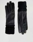 Pieces Leather Gloves With Jersey Cuff - Black