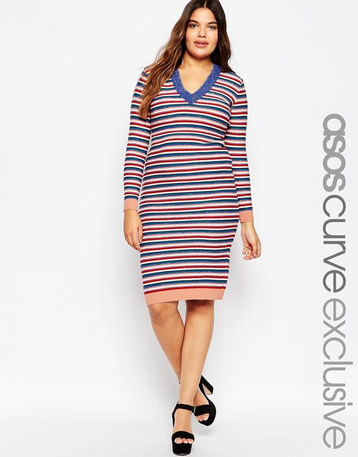 Asos Curve Knitted Body-conscious Dress In Metallic Stripe - Multi
