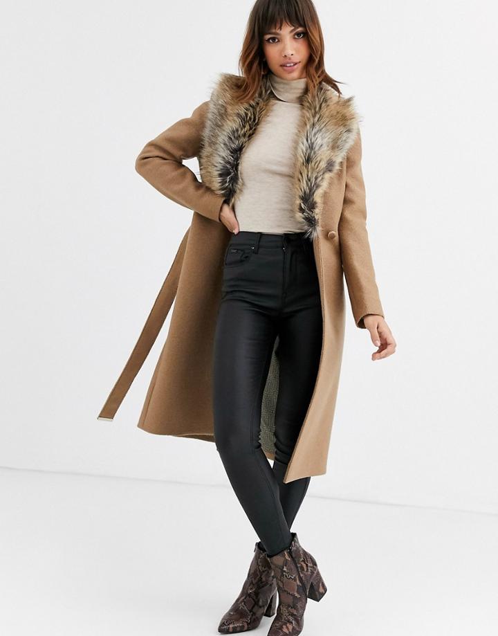 Ted Baker Corinna Long Wrap Coat With Faux Fur Collar-beige