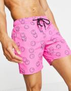 Pull & Bear Smiley Swim Shorts In Pink