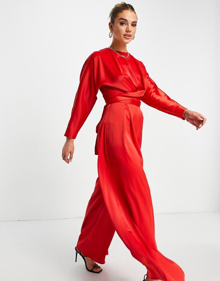 Asos Design Tie Wrap Front Top With Long Sleeves In Red - Part Of A Set
