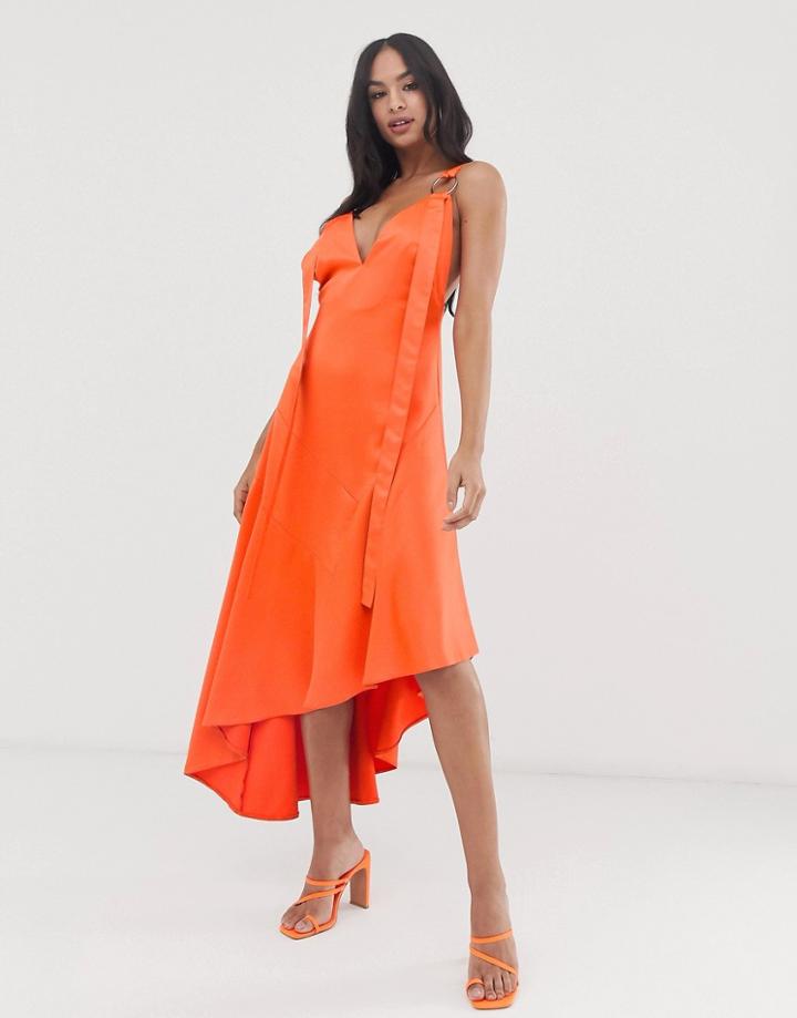 Asos Design Minimal Midaxi Dress With Satin Panel And Tab Ring Detail-gray