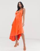 Asos Design Minimal Midaxi Dress With Satin Panel And Tab Ring Detail-gray