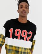 Asos Design Oversized T-shirt With Velour Check Cut And Sew Panels And 1992 Print And Half Sleeve-black
