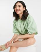 Pretty Lavish Organic Cotton Puff Sleeve Crop Top In Pastel Green