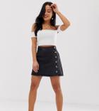 Asos Design Petite Denim Wrap Skirt With Buttons In Recycled Washed Black - Black