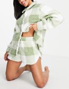 Asos Design Lounge Check Borg Shirt & Shorts Set In Green And White