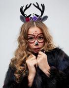 Asos Design Halloween Headband With Floral And Novelty Deer Antlers In Black - Black