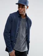 Asos Jersey Harrington Jacket With Woven Patch Pockets & Snaps - Navy