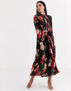 Forever U Satin Pleated Midaxi Dress In Dark Floral