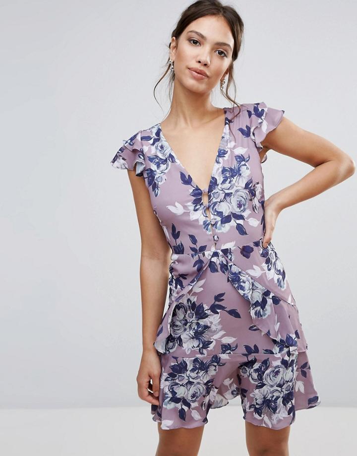 Hope & Ivy Frill Edge Skater Dress In Floral Print - Gray