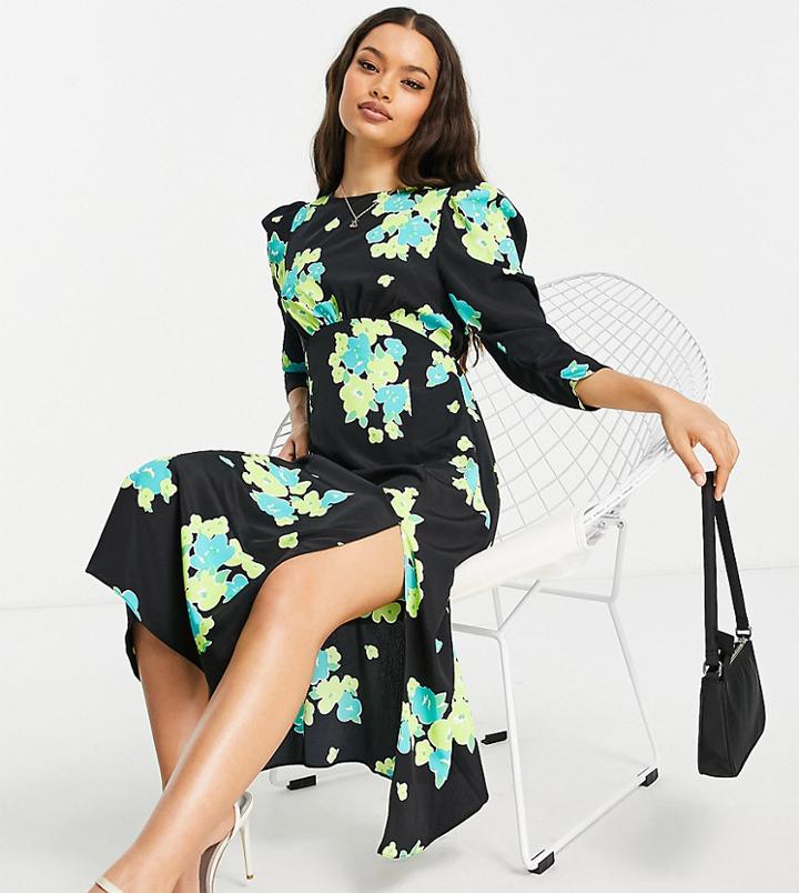 Miss Selfridge Petite Half Sleeve Midi Dress In Green Floral Print-multi