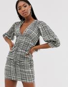 Asos Design Ruched Mini Dress With Puff Sleeves In Check Print-multi
