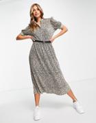 Asos Design Plisse Button Up Midi Dress With Belt In Sage Ditsy Floral-multi