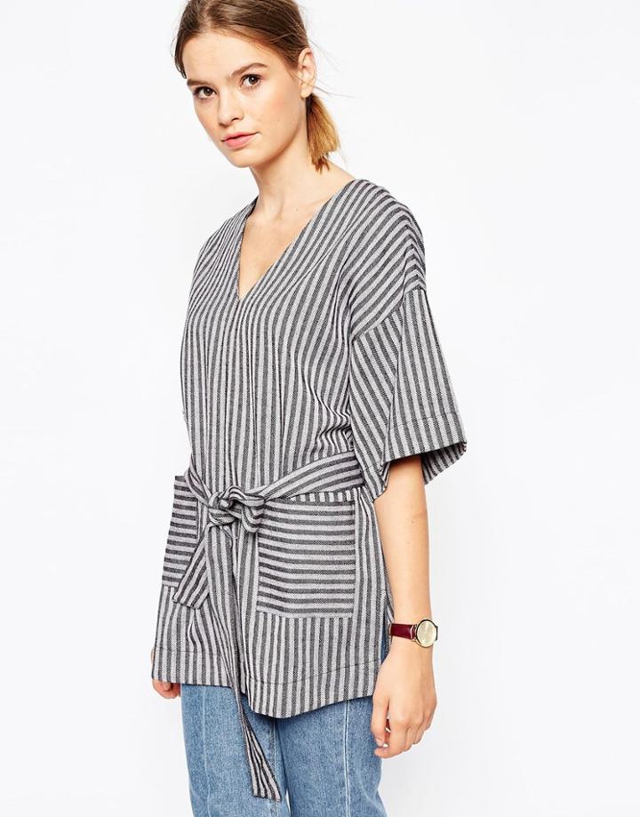 Asos V Neck Belted T-shirt In Stripe - Multi