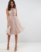 Asos Lace Tulle Cap Sleeve Midi Dress-pink