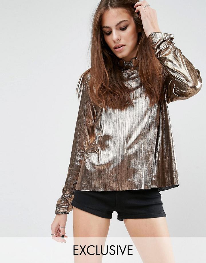 Reclaimed Vintage Long Sleeve Metallic Top - Gold